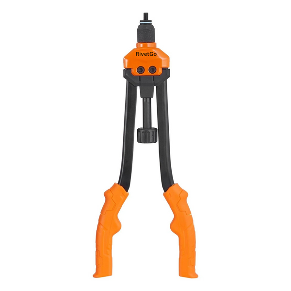 Front view of RivetGo 16" ProGrip Rivet Nut Tool Kit with orange handles, a manual tool designed for heavy-duty rivet nut installation in automotive and industrial projects
