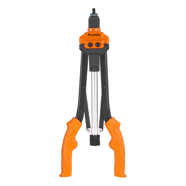 Front view of RivetGo 16" ProGrip Semi-Auto Rivet Nut Tool Kit with orange handles, designed for heavy-duty rivet nut installation in automotive and industrial projects