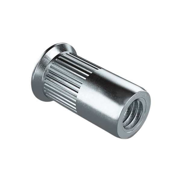 Countersunk Head Knurled Rivet Nut at an angle, RivetGo’s stainless steel rivet nuts for sheet metal and plastic