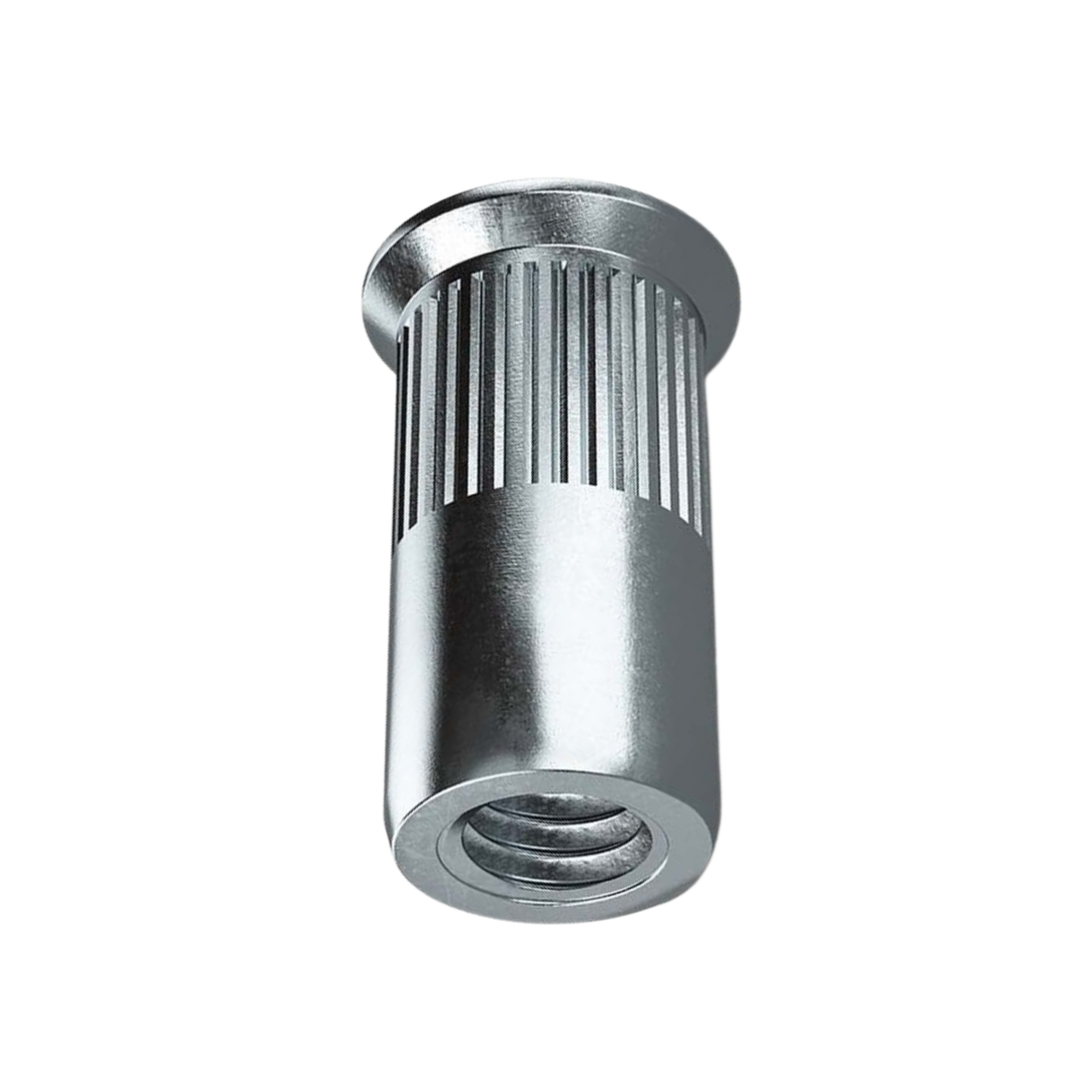 Countersunk Head Knurled Rivet Nut front view, RivetGo’s stainless steel rivet nuts for industrial and plastic