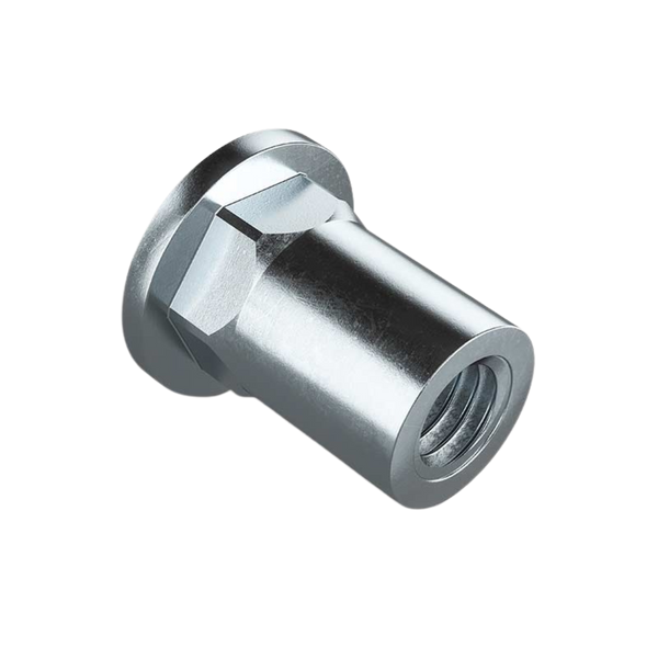 Flat Head Hexagon Rivet Nut at an angle, RivetGo’s stainless steel rivet nuts for sheet metal and plastic