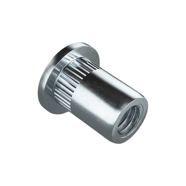 Flat Head Knurled Rivet Nut at an angle, RivetGo’s stainless steel rivet nuts for metal and industrial use