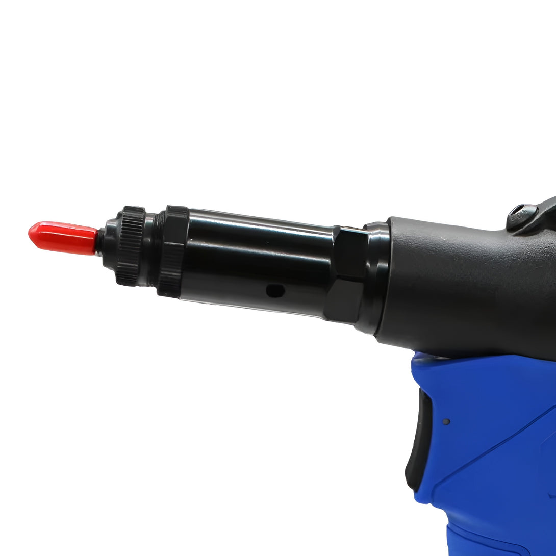 Close-up of the RivetGo Pro Pneumatic Rivet Nut Tool – gun head in black with red mandrel tip, designed for precise metric rivet nut installation in automotive and industrial projects