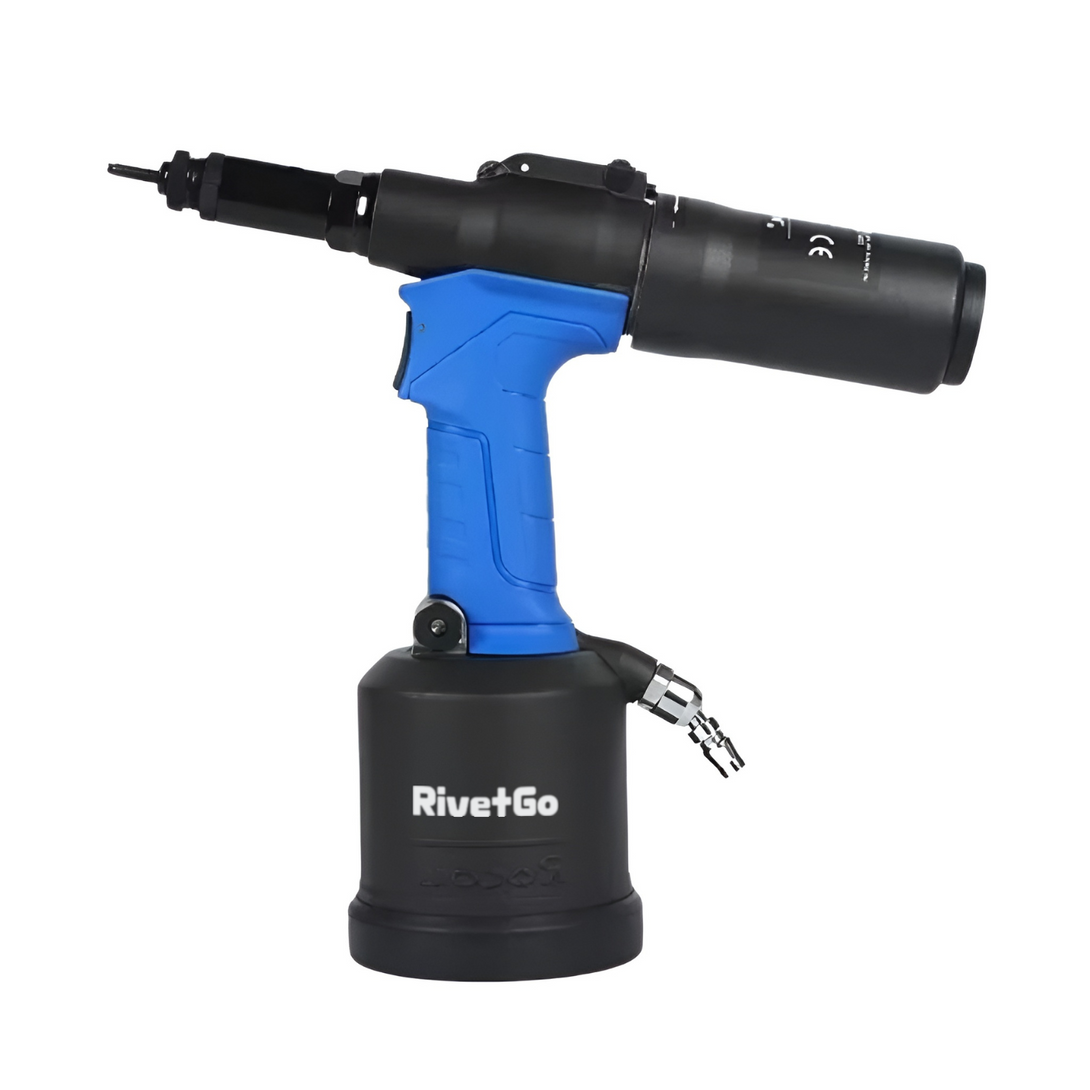 Full view of RivetGo Pro Pneumatic Rivet Nut Tool – in black and blue, designed for efficient metric rivet nut installation in industrial and automotive projects