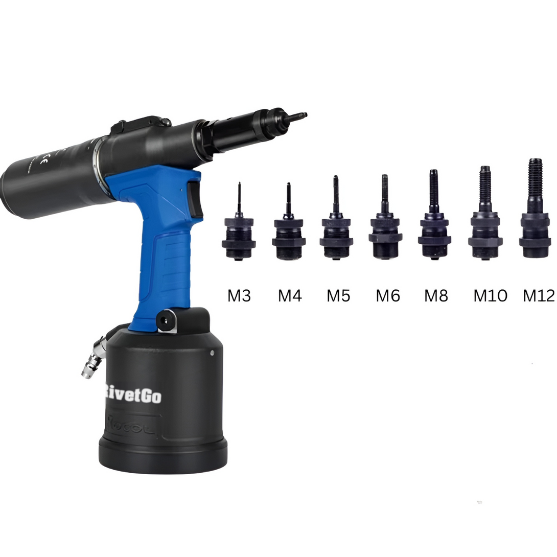 RivetGo Pro Pneumatic Rivet Nut Tool in black and blue with 7 metric mandrels (M3 to M12) for installing threaded inserts, ideal for automotive and industrial fastening