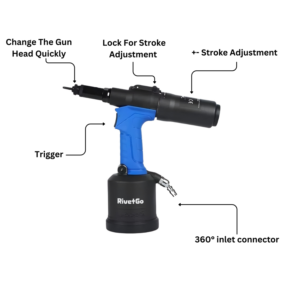 RivetGo Pro Pneumatic Rivet Nut Tool in black and blue, featuring stroke adjustment, 360° inlet connector, and quick gun head change for efficient metric rivet nut installation in industrial projects