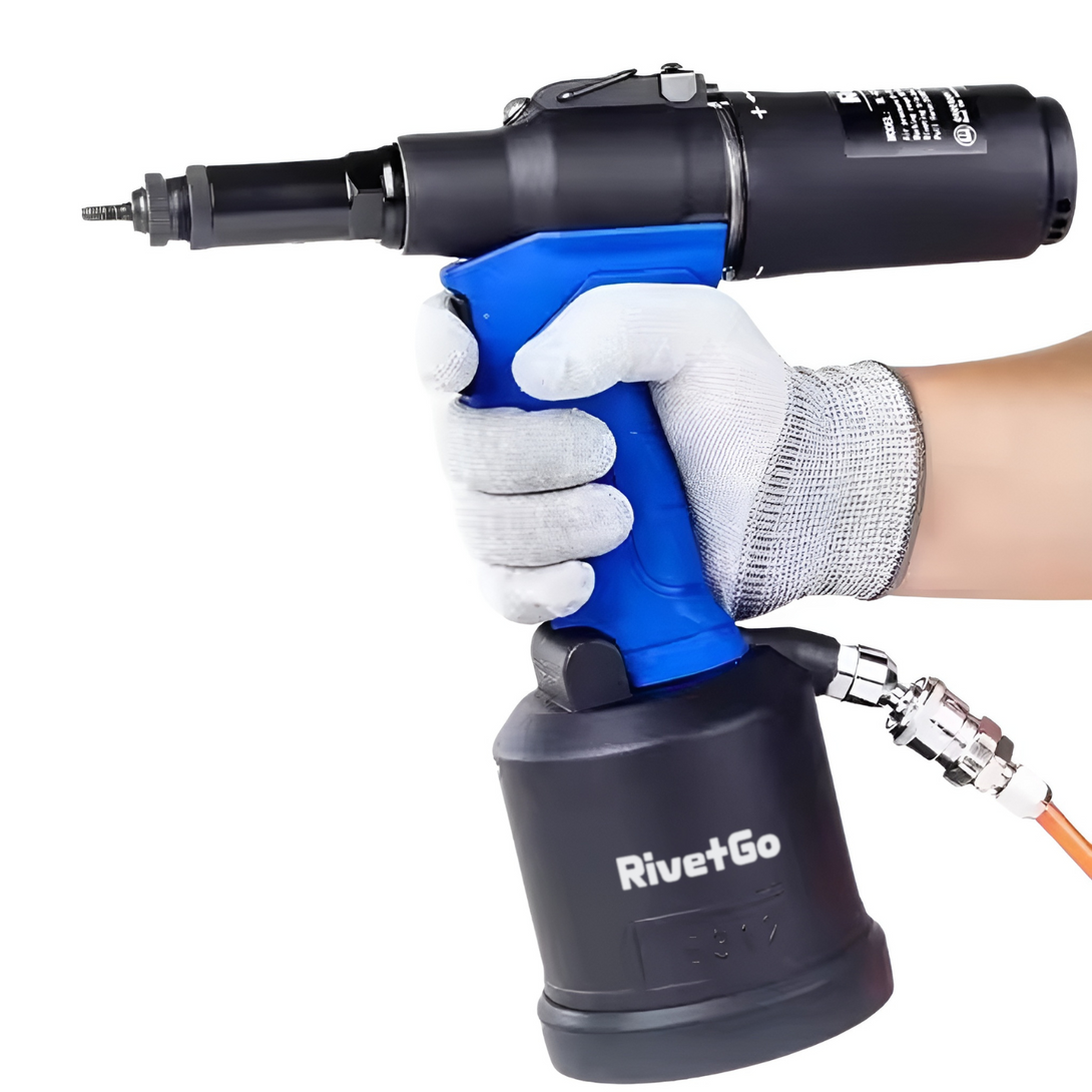 Person using RivetGo Pro Pneumatic Rivet Nut Tool – to install rivet nuts, showcasing efficiency and precision for fastening tasks in automotive repairs