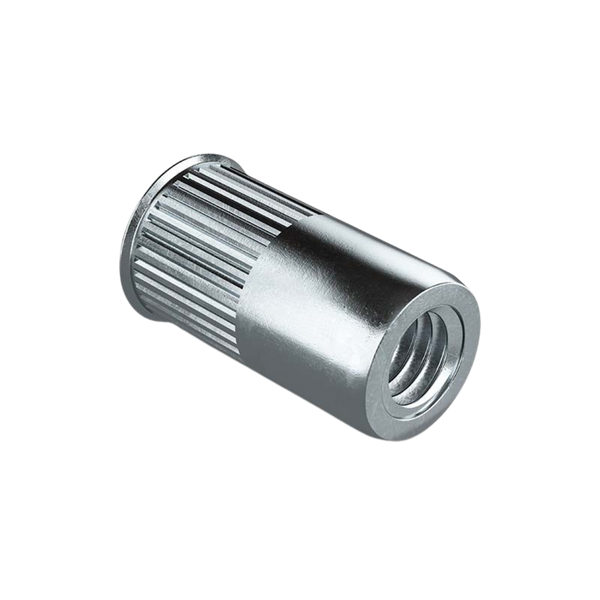Reduced Head Knurled Rivet Nut at an angle, RivetGo’s stainless steel rivet nuts for sheet metal and plastic